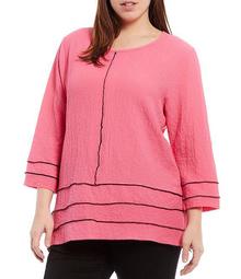 Plus Size Scoop Neck 3/4 Sleeve Seamed Crinkle Tunic