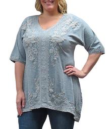 Plus Size Athena V-Neck Embroidered Floral Border Print Tunic Top