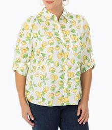 Plus Size Lemon Love Print Non-Iron Sateen Button Front Shirt