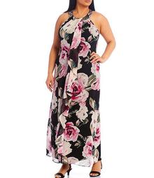 Plus Size Floral Sleeveless Halter Neck Maxi Dress