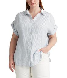 Plus Size Striped Cuffed Dolman Sleeve Hi-Low Button Down Linen Shirt