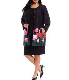 Plus Size Floral Placement Printed Topper 2-Piece Dress Suit