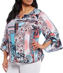 Plus Size Baroque Patchwork Print Boat Neck Keyhole Bell Sleeve Knit Top
