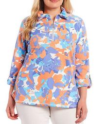 Plus Size Abstract Floral Print Half Zip Roll-Tab Sleeve Pullover
