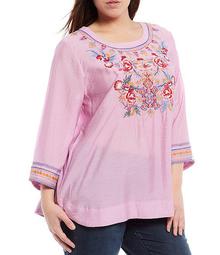 Plus Size 3/4 Sleeve Scoop Neck Embroidery Top