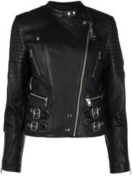 quilted-sleeves leather biker jacket
