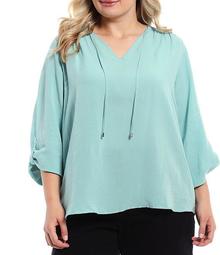 Plus Size Solid Linen-Blend Tie V-Neck Detail Roll-Tab Sleeve Top