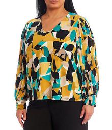 Plus Size Abstract Print V-Neck Pleated Chiffon Blouson Sleeve Top