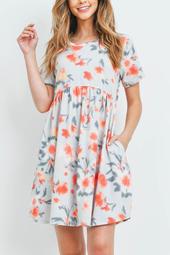 Painterly-Floral-Print-Short-Sleeves-Dress