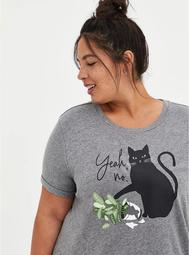 Relaxed Fit Crew Tee - Yeah No Cat Roll Sleeve Grey