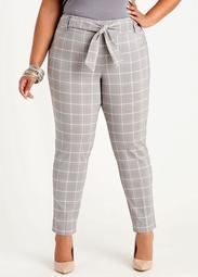 Belted Plaid Skinny Ankle Pant