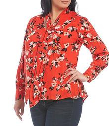 Plus Size Dazed Floral Print Long Bubble Sleeve Twilly Blouse