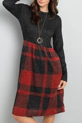 Two-Toned-High-Neck-Long-Sleeves-Plaid-Contrast-Dress