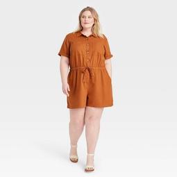 Women's Plus Size Short Sleeve Button-Up Drawstring-Waist Utility Romper - Ava & Viv™