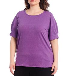 Plus Size Solid Textured Knit Jersey Short Puff Sleeve Hi-Low Top