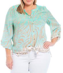 Plus Size Ombre Animal Print Roll-Tab Sleeve Tie-Front Button Down Textured Woven Shirt
