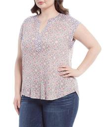 Plus Size Twin Print Extended Cap Sleeve Front Placket Knit Top