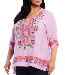 Plus Size Floral Embroidery V-Neck Tunic