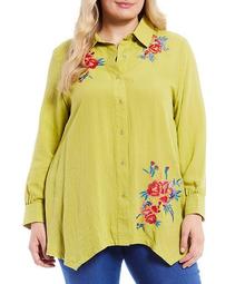 Plus Size Floral Embroidery Front Contrast Back Button Front Shirt