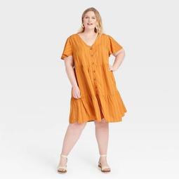 Women's Plus Size Short Sleeve Button-Front Tiered Dress - Ava & Viv™ 