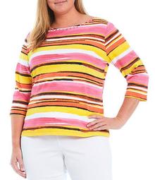 Plus Size Vibrant Stripe Embellished Boat Neck 3/4 Sleeve Knit Top