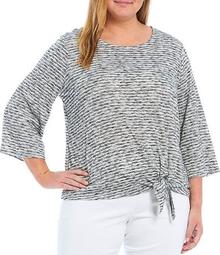 Plus Size Space Dye Stripe Puckered Knit Bell Sleeve Side Tie Front Top
