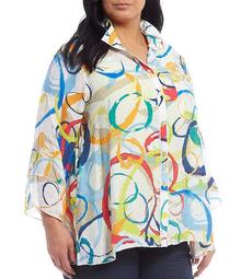 Plus Size Circle Abstract Print Crinkle Woven 3/4 Sleeve Button Front Shirt