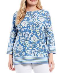 Plus Size Floral Puff Border Print Boat Neck 3/4 Sleeve Top