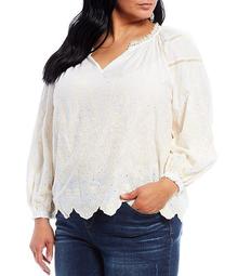 Plus Size Embroidered Crochet Splicing Placement Notch V-Neck Blouson Sleeve Top