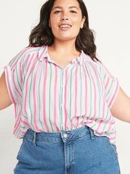Oversized Dobby-Stripe No-Peek Plus-Size Short-Sleeve Shirt
