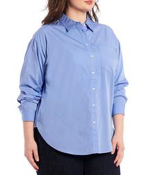 Plus Size Striped Long Sleeve Dropped-Shoulder Cotton Shirt