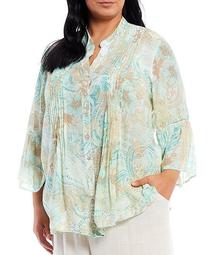 Plus Size Paisley Floral Print 3/4 Bell Sleeve Button Front Top