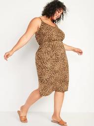 Waist-Defined Sleeveless Leopard-Print Slub-Knit Plus-Size Cami Midi Dress