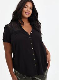 Lace Inset Blouse - Textured Stretch Rayon Black