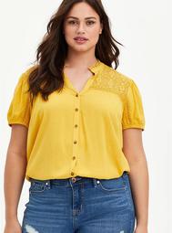 Lace Inset Blouse - Textured Stretch Rayon Yellow