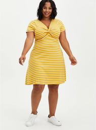 Twist Front Ribbed Skater Dress - Stripe Mustard