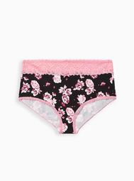 Wide Lace Brief Panty - Cotton Floral Black + Pink