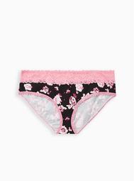 Wide Lace Hipster Panty - Cotton Floral Black + Pink