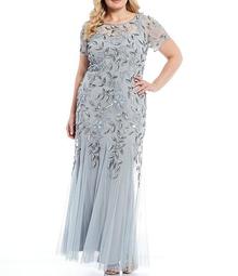 Plus Size Floral Beaded Jewel Neck Short Sleeve Gown