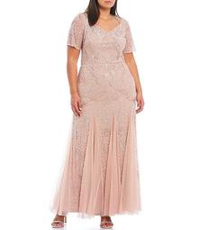 Plus Size Sweetheart Neck Short Sleeve Beaded Mesh Gown