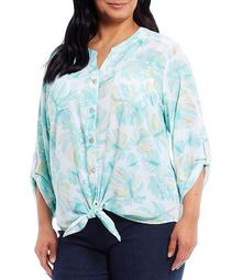 Plus Size Georgette Palm Print Roll-Tab Sleeve Button Tie-Front Top