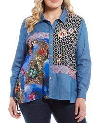 Plus Size Floral Embroidered Detail Patchwork Print Button Down Long Sleeve Tunic