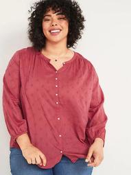 Oversized Embroidered Button-Front No-Peek Plus-Size Poet Blouse