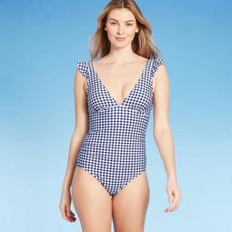 Women's Ruffle Gingham High Coverage One Piece Swimsuit - Kona Sol™ Navy