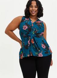 Peplum Tie Front Sleeveless Blouse - Georgette Floral Teal
