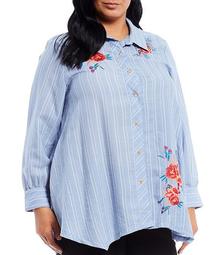 Plus Size Floral Embroidery Pin Stripe Button Front Shirt