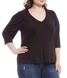 Plus Size V-Neck 3/4 Puff Sleeve Knit Top