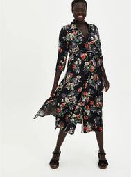 Tea Length Shirt Dress - Challis Black Floral