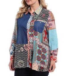 Plus Size Mixed Panel Button Down Long Sleeve Pocket Tunic
