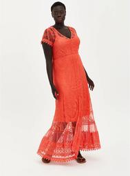 Button Front Skater Maxi Dress - Lace Coral